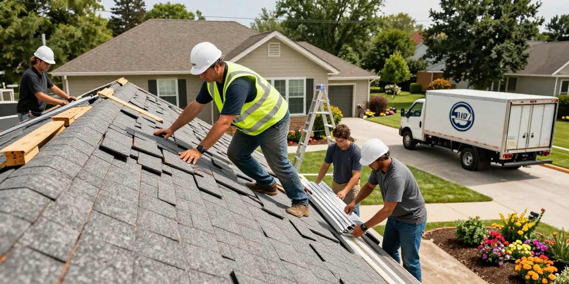 Local roofing contractors installing roof shingles on a sunny day, showcasing teamwork and craftsmanship.