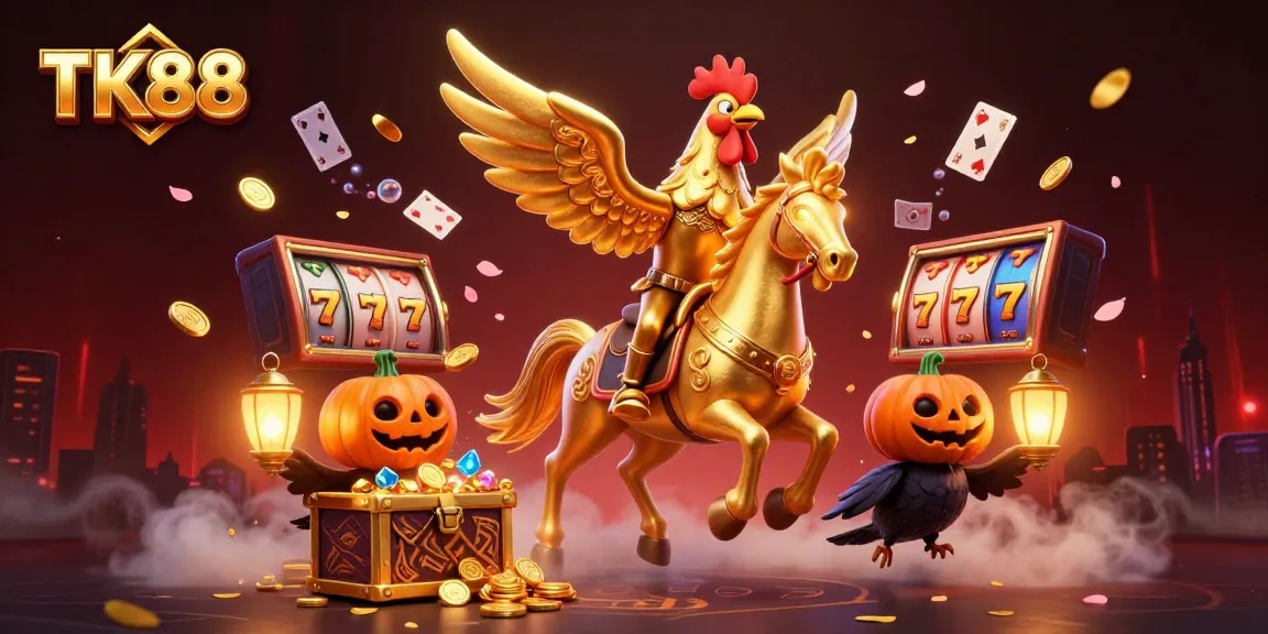Engage with TK88's vibrant casino scene featuring a golden rooster and thrilling gameplay elements.