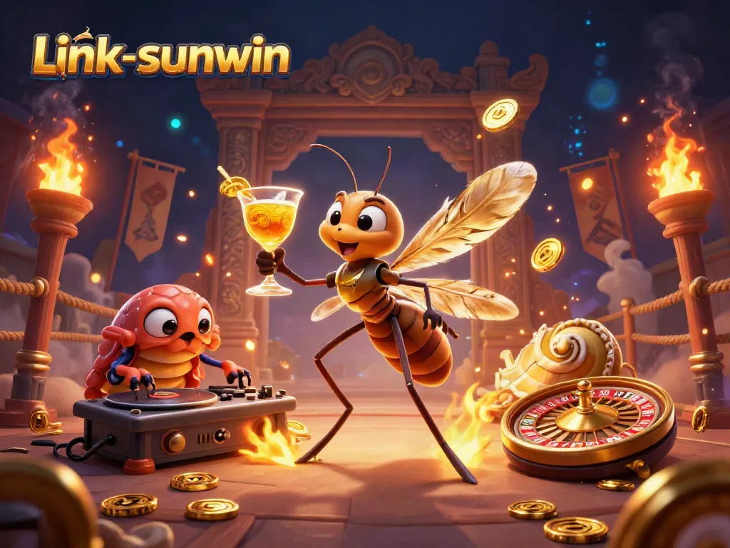 Experience excitement at link-sunwin with a vivid scene featuring a casino mascot and unique gaming elements.
