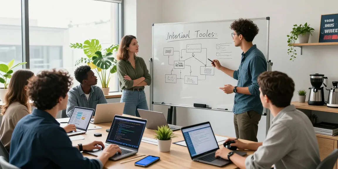 Build internal tools with AI during a collaborative brainstorming session in a modern tech workspace.