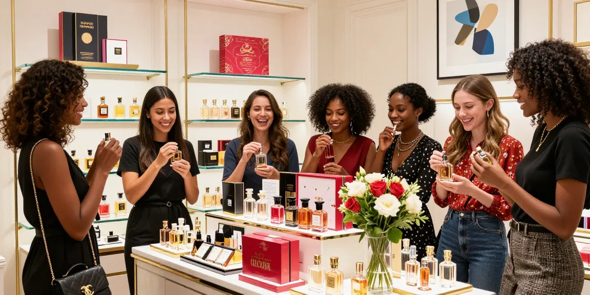 Friends enjoying luxurious perfume gift sets in a charming boutique.