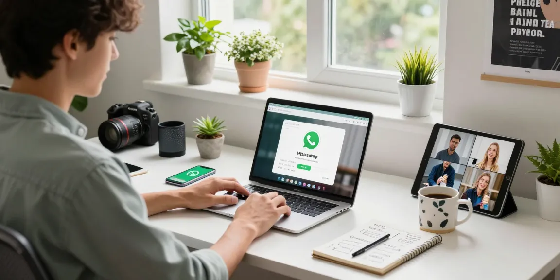 Professional using WhatsApp電腦版 in a modern home office setup with tech gadgets and plants.