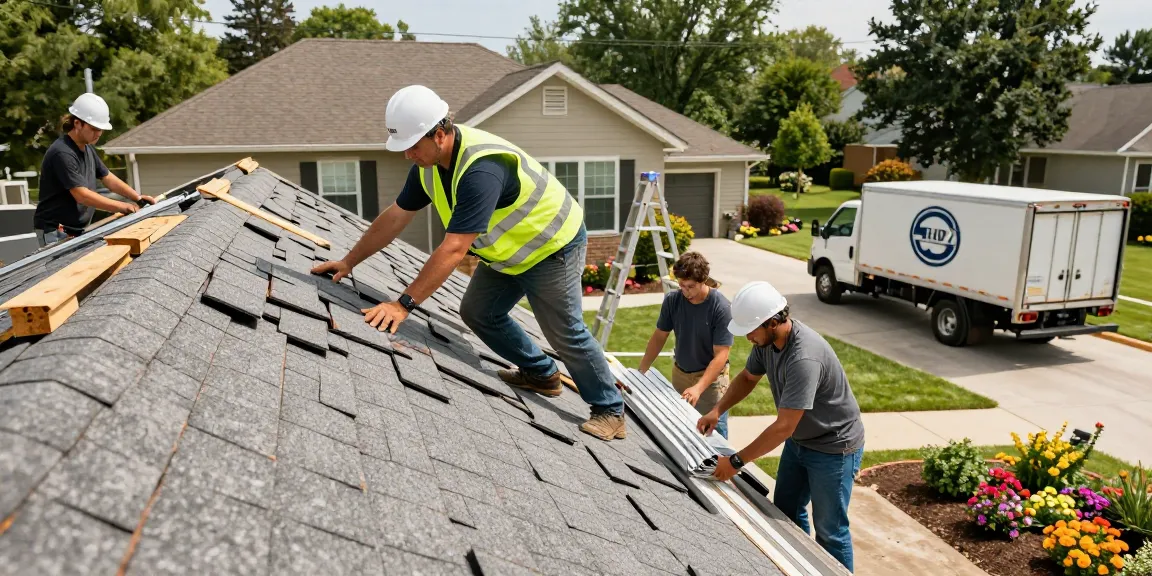 Local roofing contractors installing roof shingles on a sunny day, showcasing teamwork and craftsmanship.