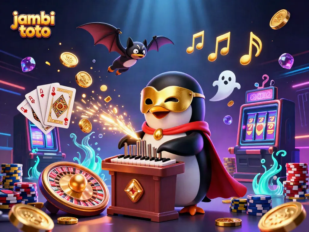 Experience the excitement of jambi toto with a colorful casino illustration featuring a whimsical penguin and vibrant elements.