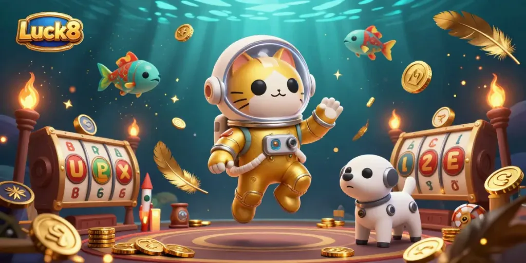 Engage with Luck8's vibrant 3D illustration of a cat astronaut and robot in a gambling-themed milieu.
