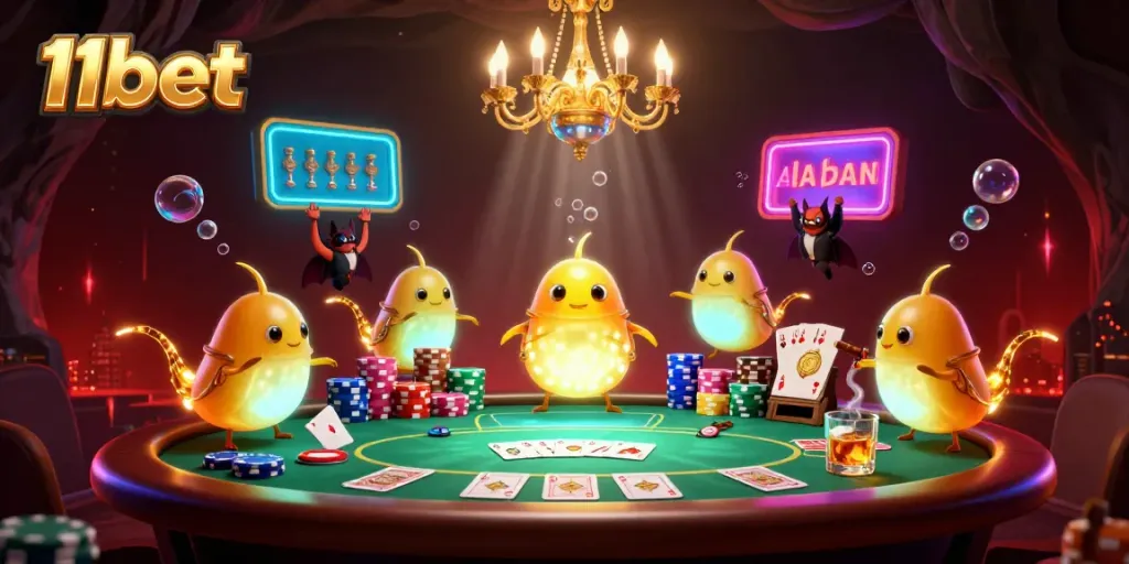 Experience the excitement of 11bet’s animated casino scene featuring vibrant glowworms and poker elements.