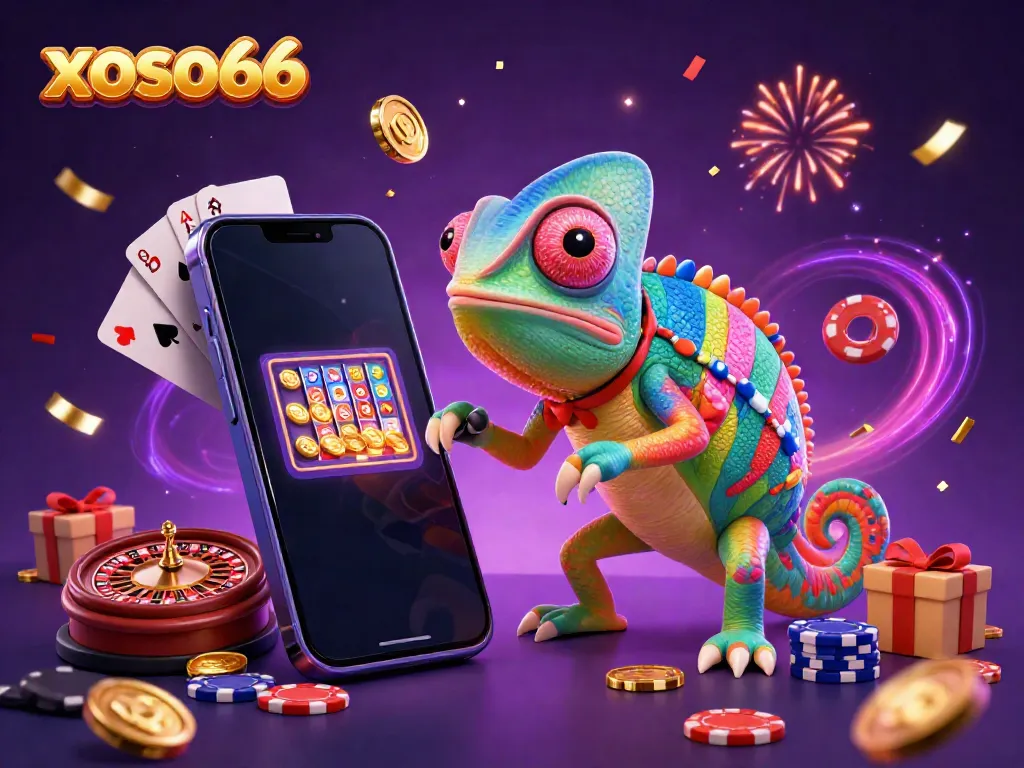 Engage with xoso66's vibrant casino scene featuring a chameleon owner and exciting gaming elements.