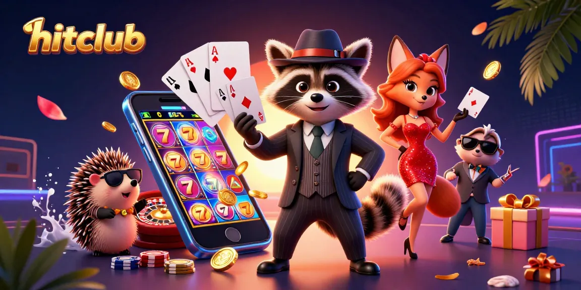 Win big with hitclub in a vibrant 3D illustration featuring dynamic casino elements and playful characters.