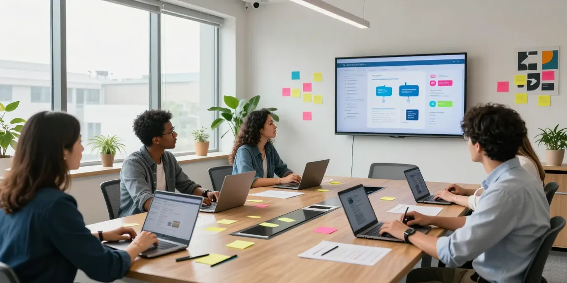 Business phone systems collaborative meeting with a diverse team discussing innovative communication tools in a modern office.