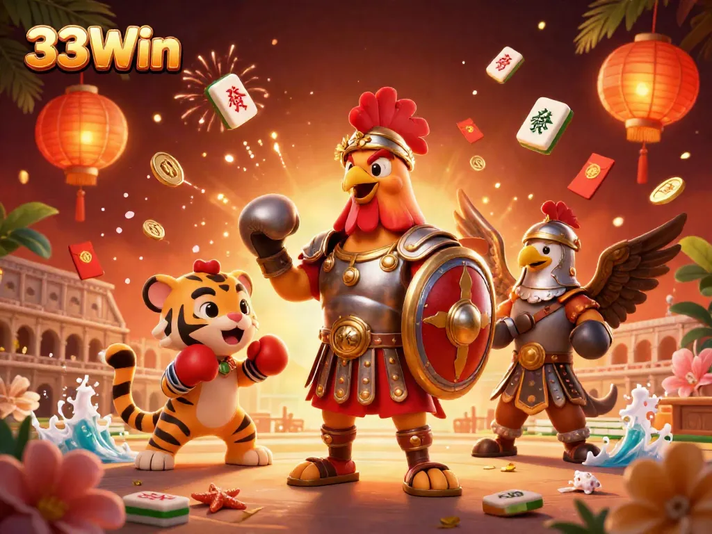 33Win brings exciting casino action to life with a 3D roaming gladiator rooster and tiger cub in a vibrant arena.