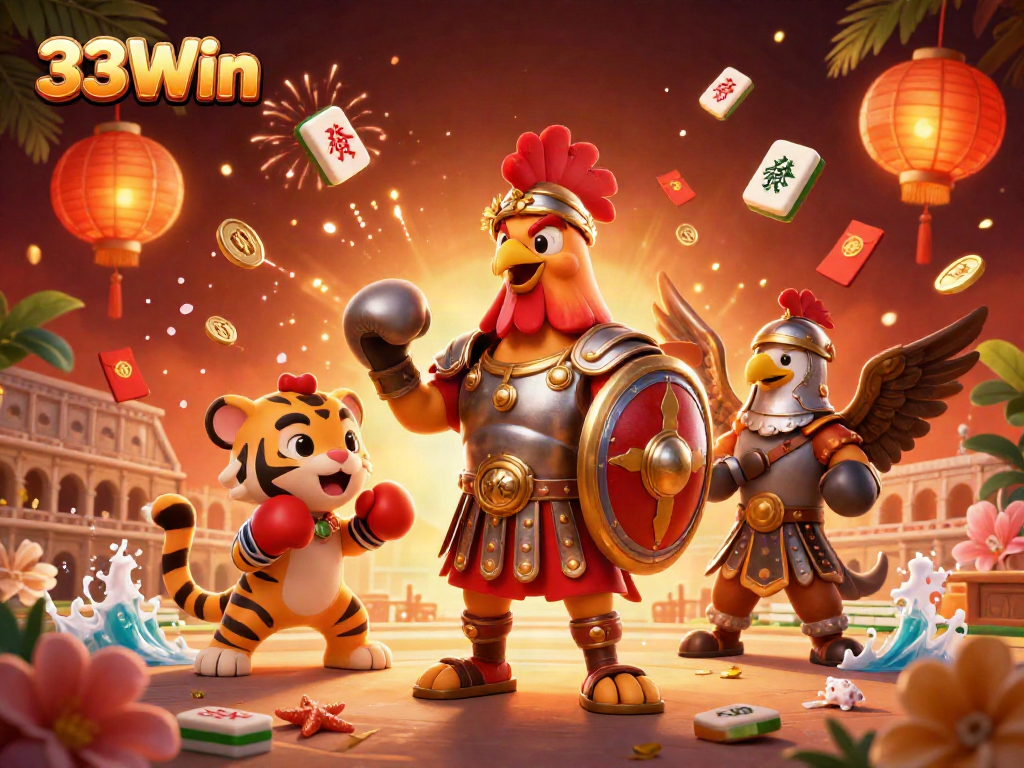 33Win brings exciting casino action to life with a 3D roaming gladiator rooster and tiger cub in a vibrant arena.