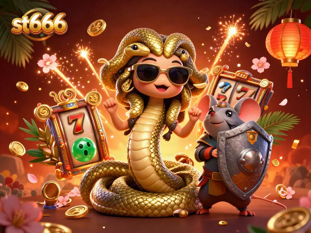 Spin to win at st666 with a vibrant 3D illustration of Medusa and a warrior mouse surrounded by slot reels and festive decorations.