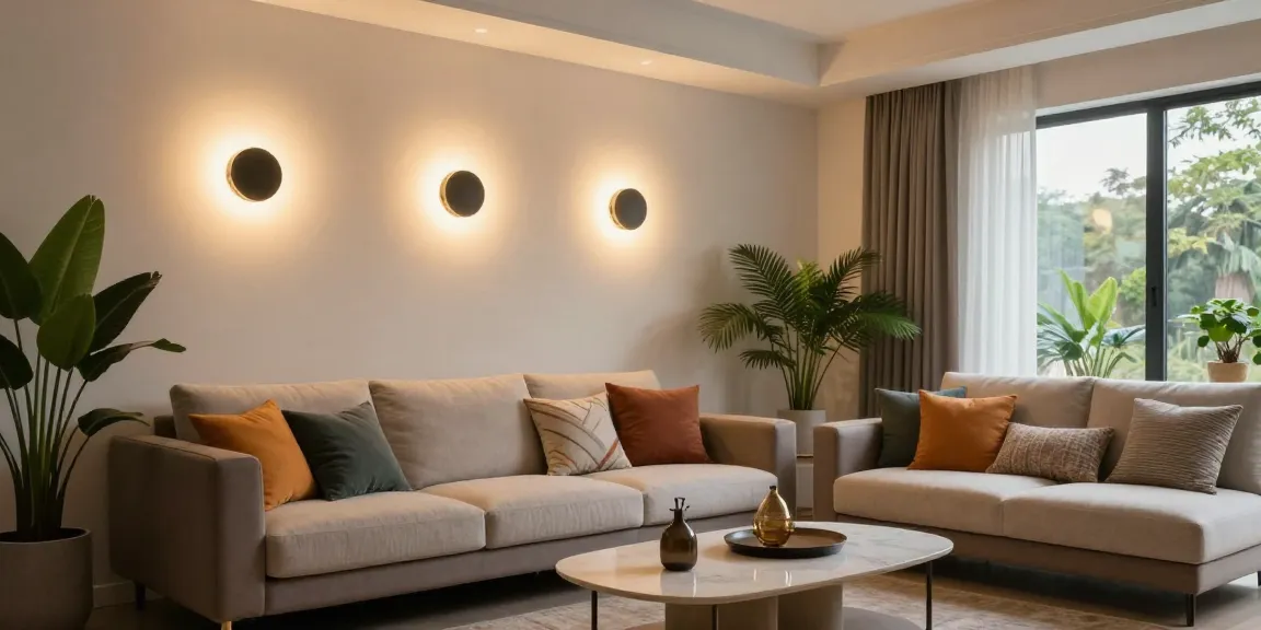 Aplice LED moderne amplasate într-un interior elegant de living, creând o atmosferă călduroasă.