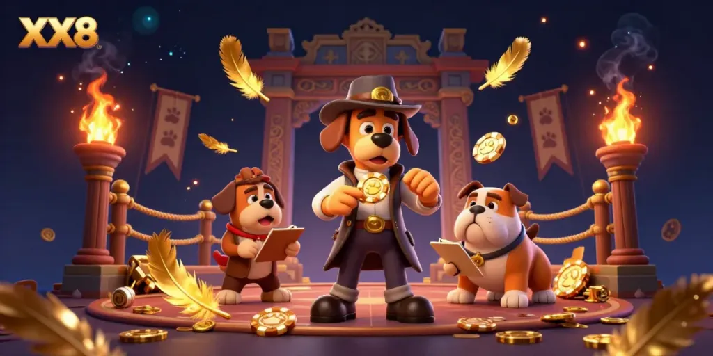 Engage in exciting treasure hunts with XX8's dynamic casino scene featuring whimsical characters and golden elements.