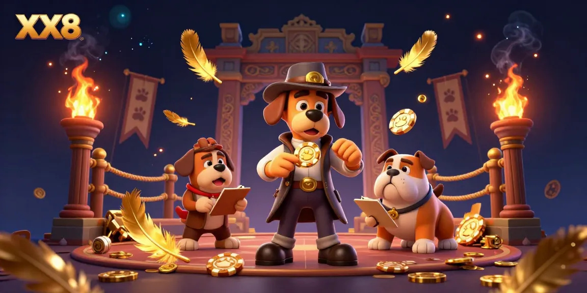 Engage in exciting treasure hunts with XX8's dynamic casino scene featuring whimsical characters and golden elements.