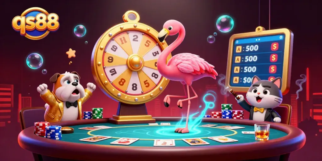 Experience the excitement of qs88 as the game show host spins the golden prize wheel amid vibrant casino elements.