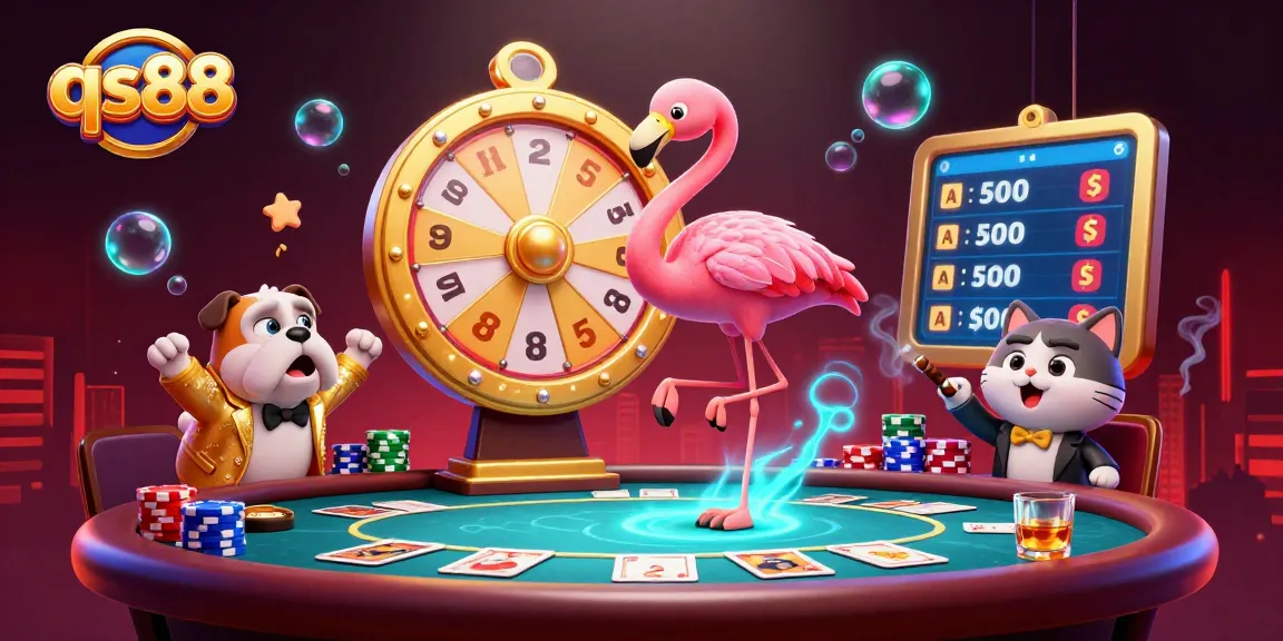 Experience the excitement of qs88 as the game show host spins the golden prize wheel amid vibrant casino elements.