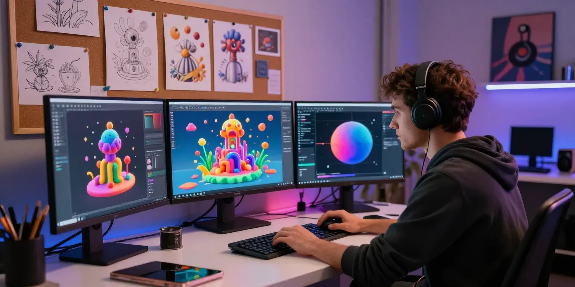 AI artist creating vibrant designs with juicy ai technology in a modern digital studio.