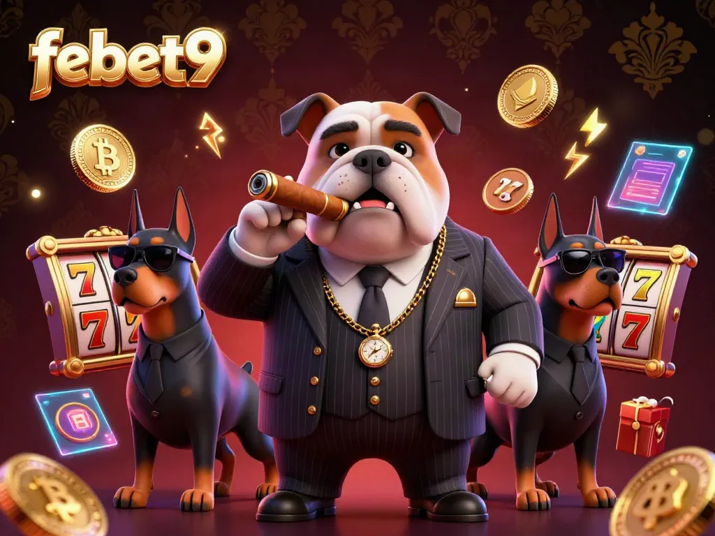 Experience the excitement of slots with febet9 in this vibrant 3D scene featuring a mafia bulldog and Doberman bodyguards.