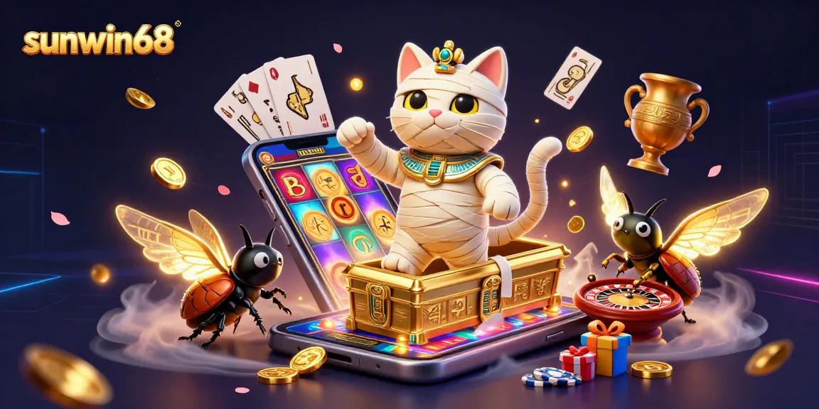 Experience the excitement at sunwin68 as the Egyptian mummy cat bursts from a sarcophagus in a vibrant casino scene.