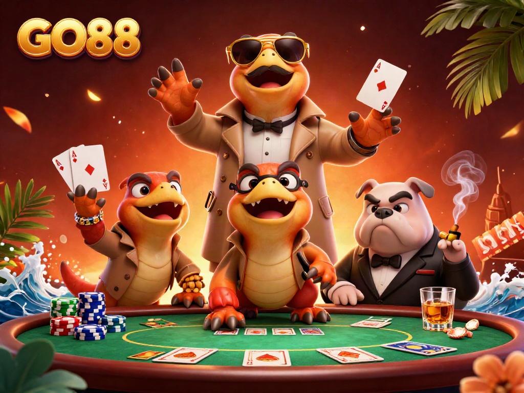 Experience the vibrant atmosphere of GO88's casino with cartoon raptors cleverly disguised, showcasing poker excitement.