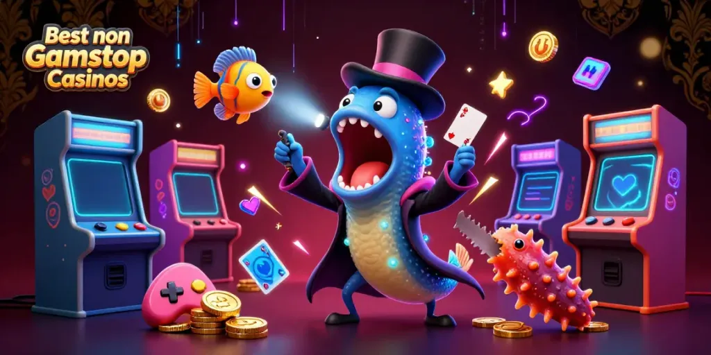 Experience the excitement of the Best non Gamstop Casinos with vibrant characters and gaming elements in a magical underwater scene.