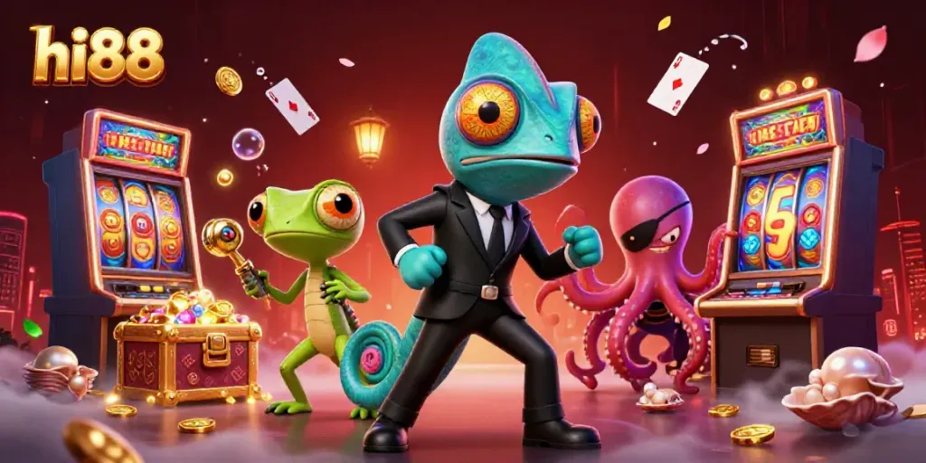 Engaging gameplay at hi88 with vibrant slot machines and a colorful chameleon character.
