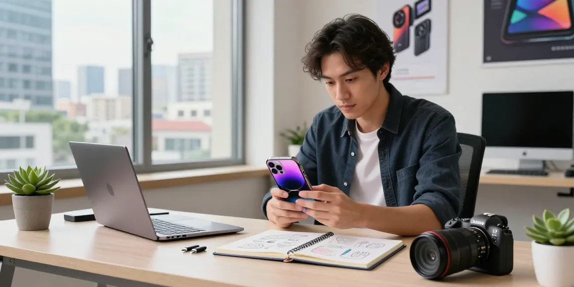 Excited tech enthusiast examining the iPhone 17 in a modern workspace with gadgets and natural light.