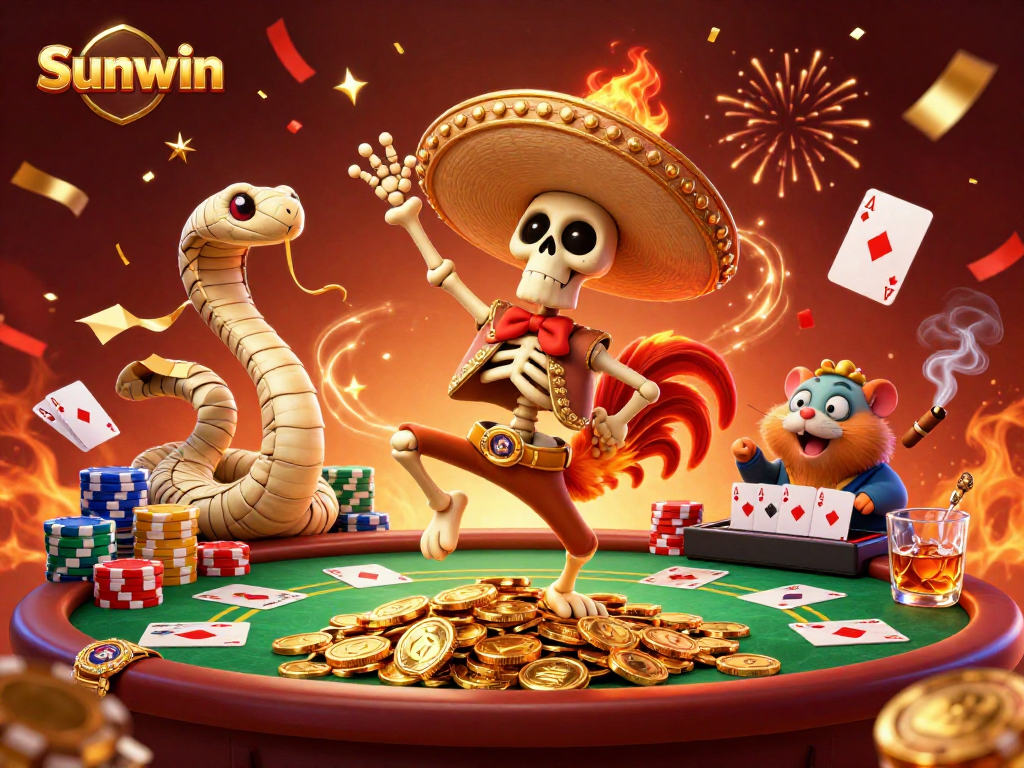 Engaging 3D illustration showcasing Sunwin's vibrant gaming world with festive characters and casino elements.