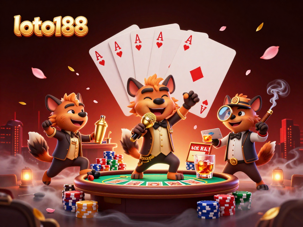 Experience the vibrant comedy casino scene at loto188 with hyenas performing and gaming elements.