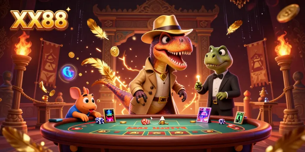 Experience excitement at XX88 with a velociraptor card counter, stegosaurus pit boss, and compy pickpocket in a vibrant casino scene.