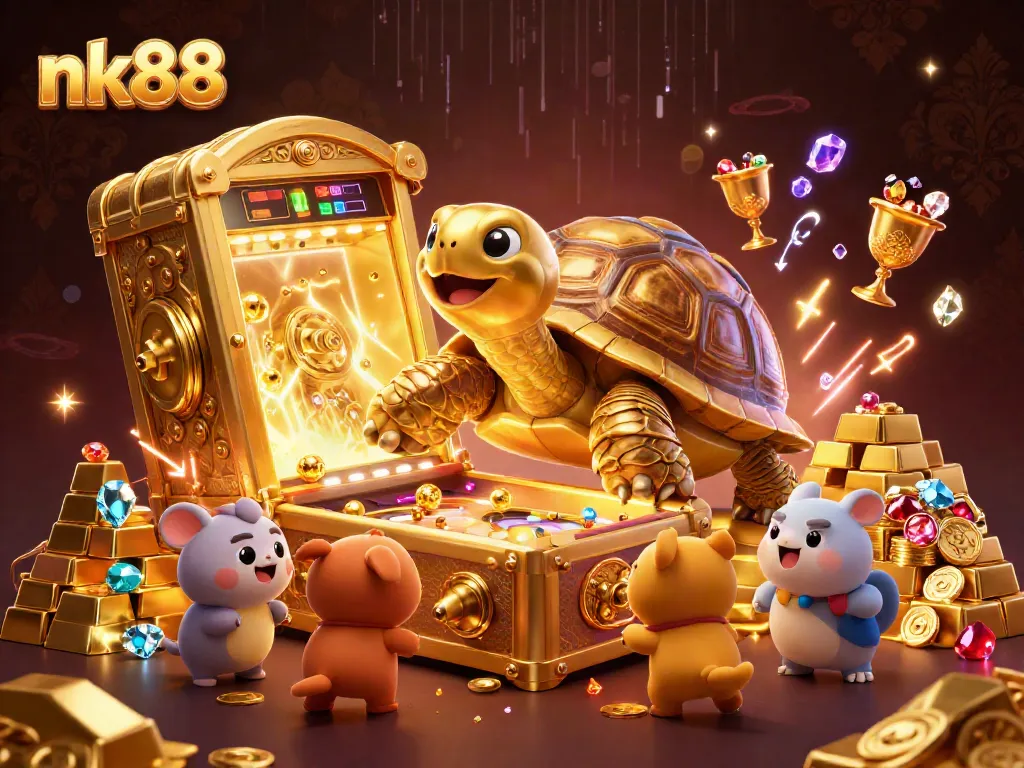 Experience exciting gaming at nk88 with a lively 3D illustration of casino elements and creatures.
