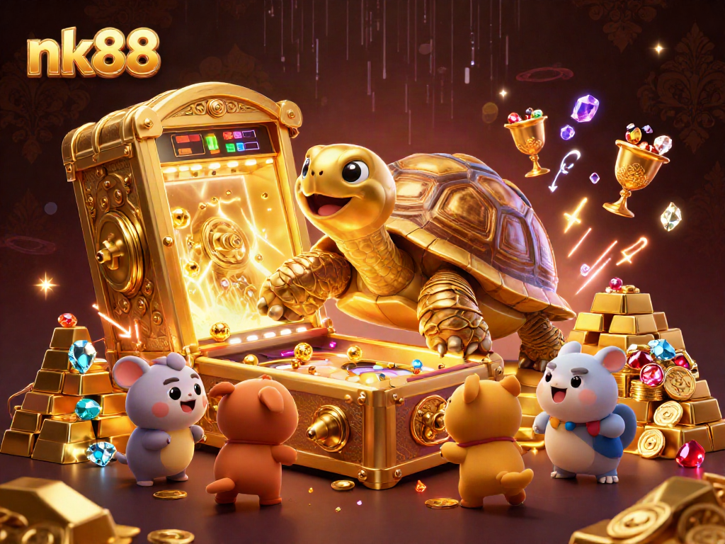 Experience exciting gaming at nk88 with a lively 3D illustration of casino elements and creatures.