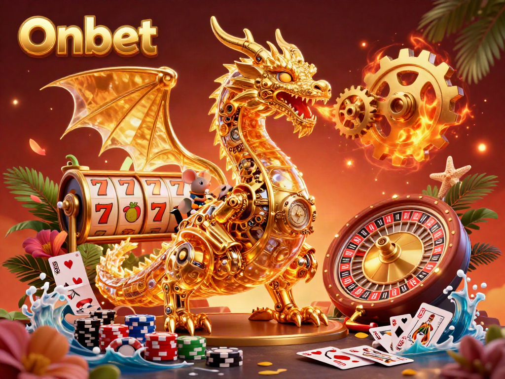Experience the excitement of Onbet with golden dragon and vibrant casino elements in a 3D illustration.