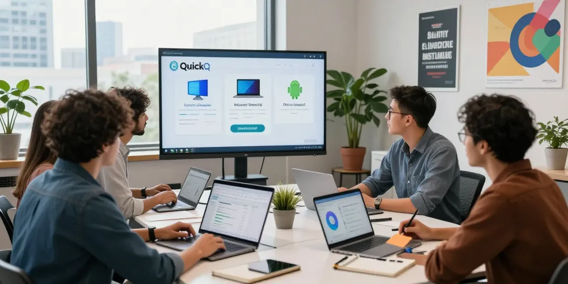 快速连接网络的团队讨论，展示QuickQ下载的多设备界面