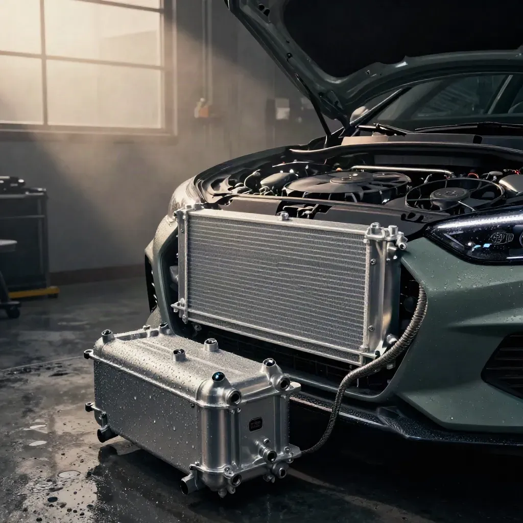 EV cooling bay in a dark workshop, open nose, radiator core, twin fans, mist and blue light