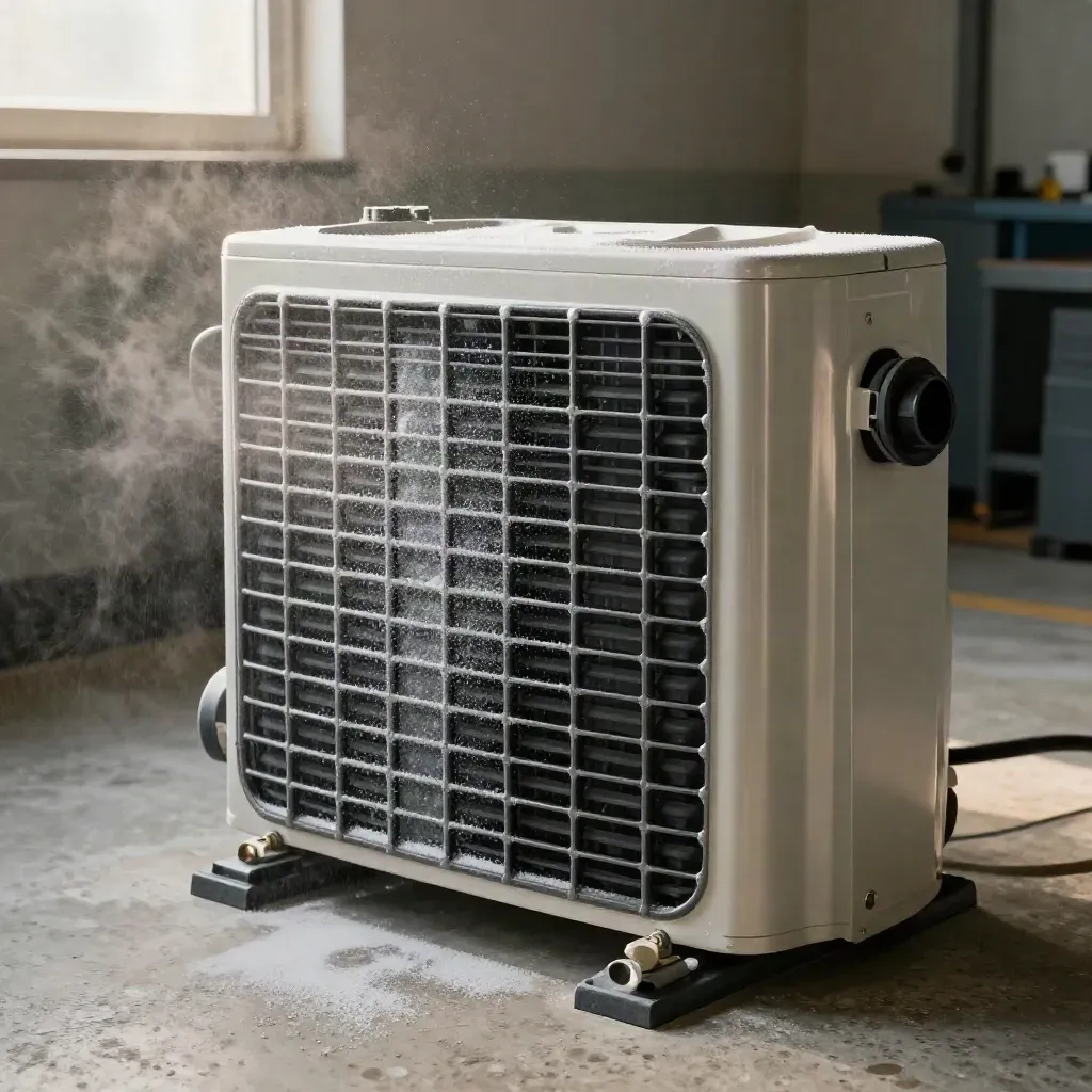 EV heat-pump condenser clearing frost behind an open grille in a service bay