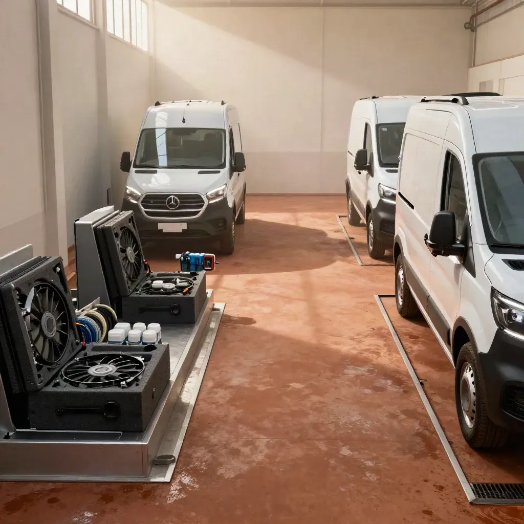 Three EV vans queued in a misty depot lane with cooling kits and fan modules.