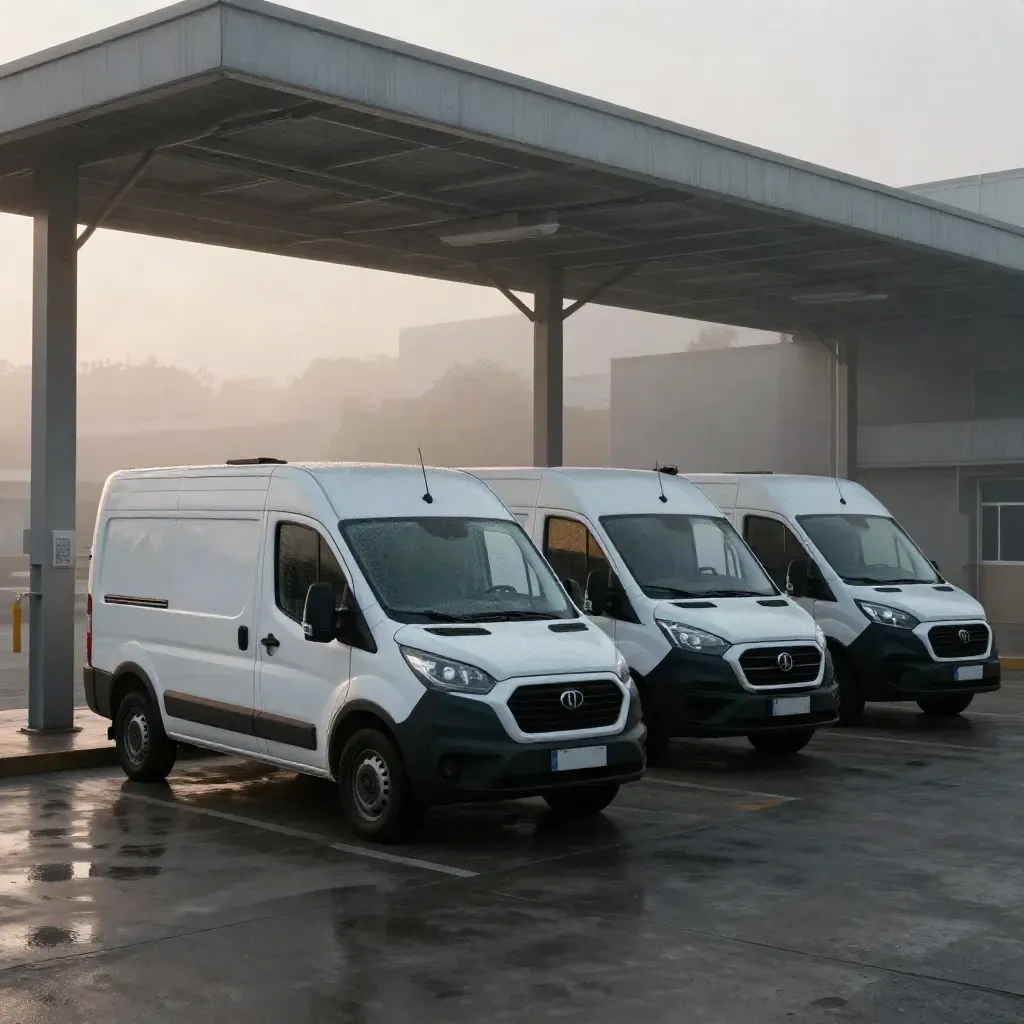 White EV delivery vans under a depot canopy at dawn after heat-pump service.