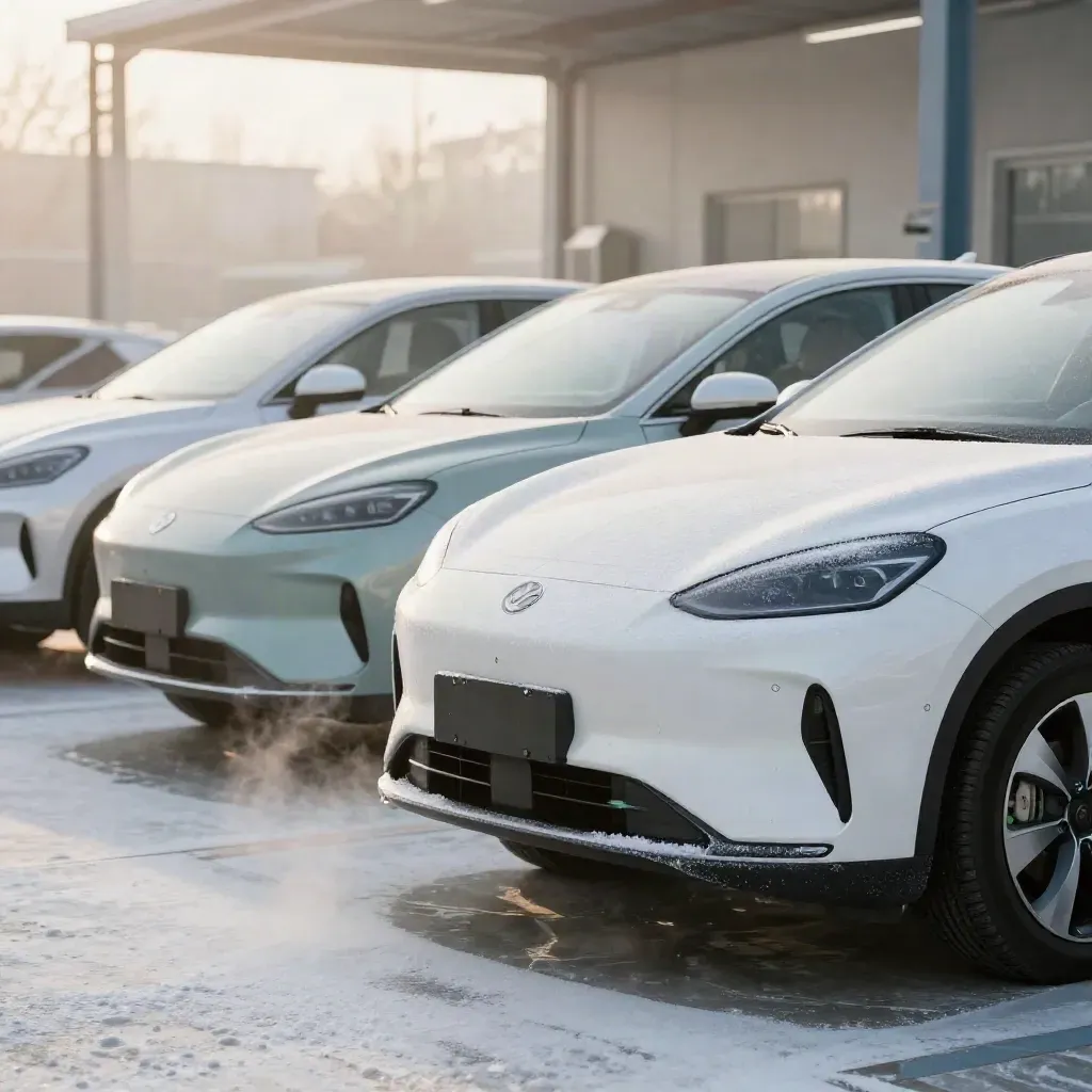 Three EVs in a frosty forecourt with clean repaired fronts and drifting vapour.