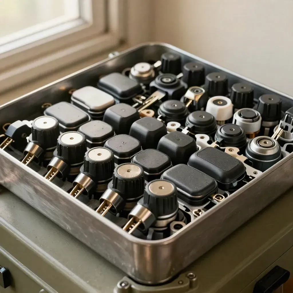 Overhead parts bin with EV connectors, coolant caps, and van fobs in neat rows.