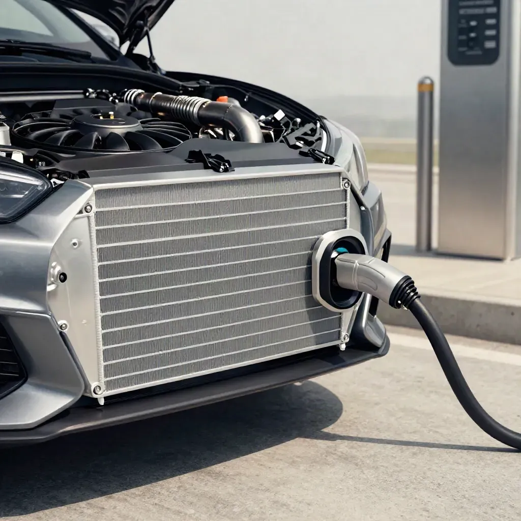 EV fast-charge bay with rebuilt radiator stack and heat shimmer