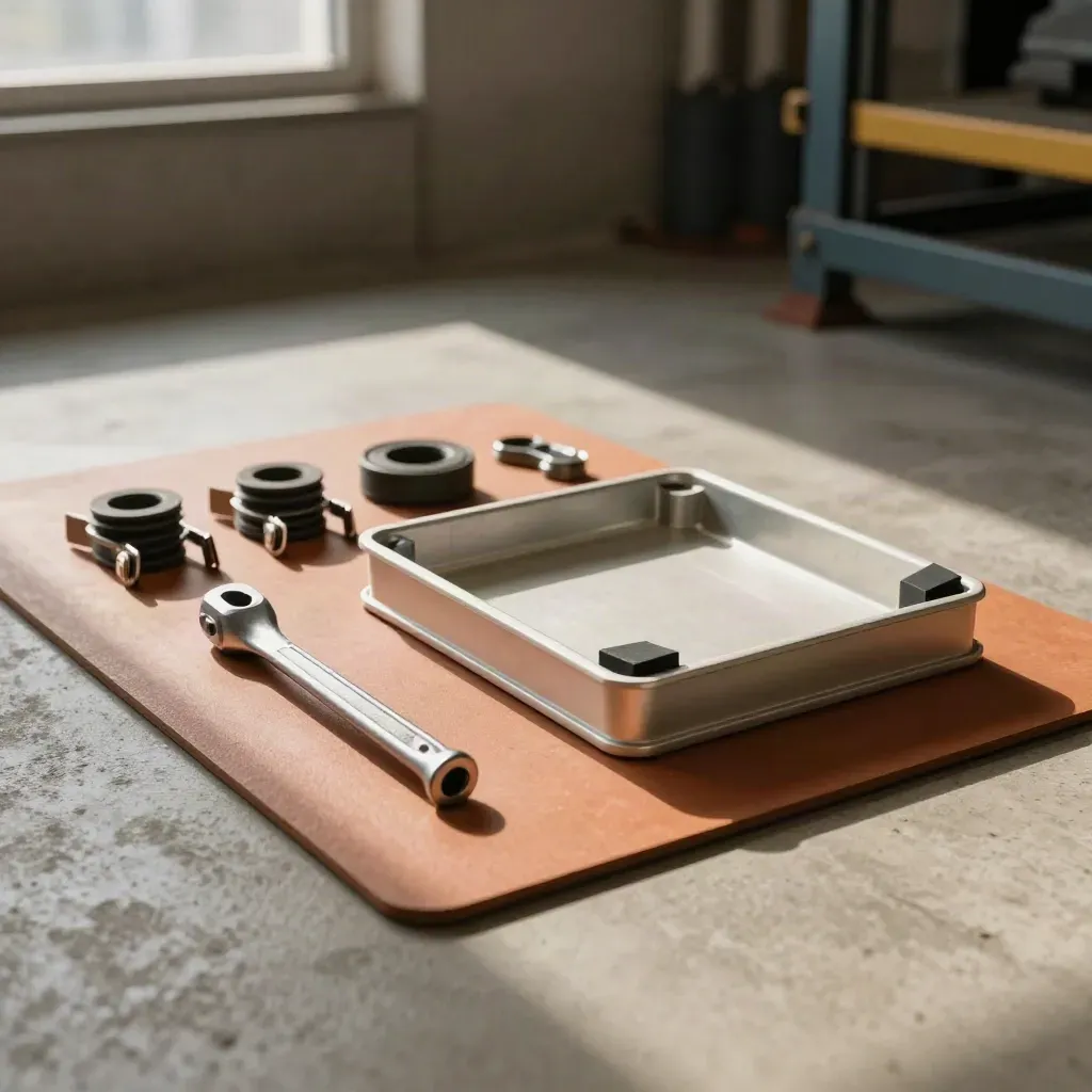 EV install hardware beside a battery tray corner in a dramatic workshop still life.