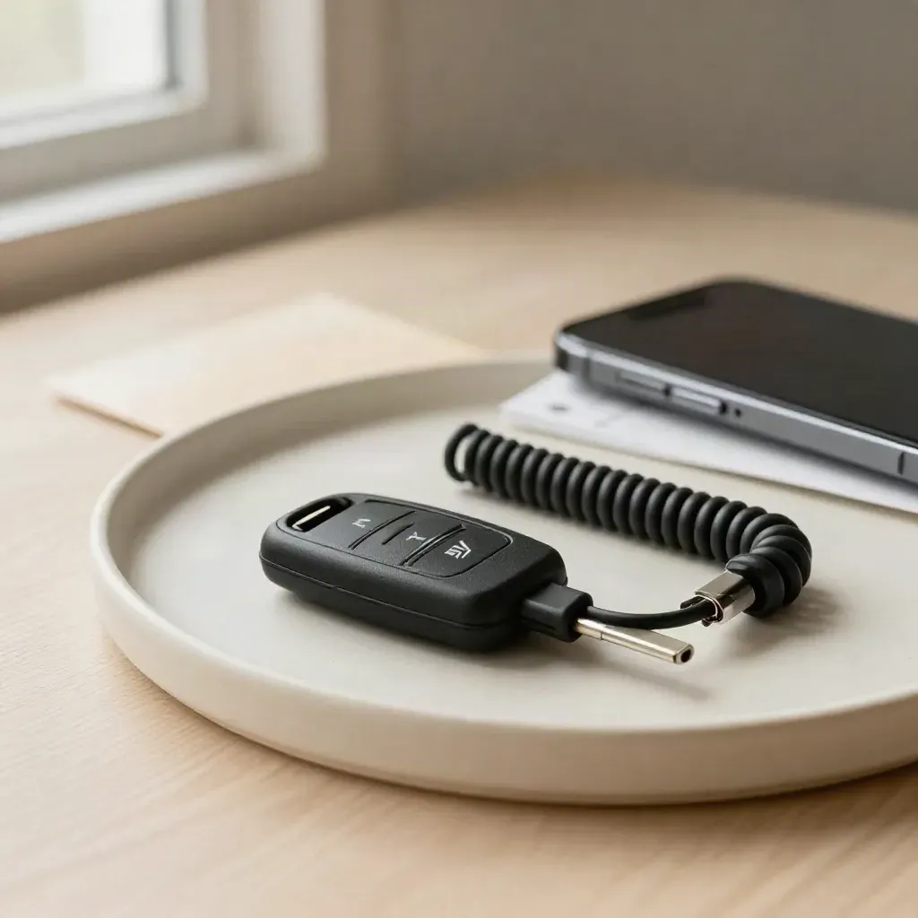 EV key fob, charging cable and closed phone beside a ceramic tray on pale wood