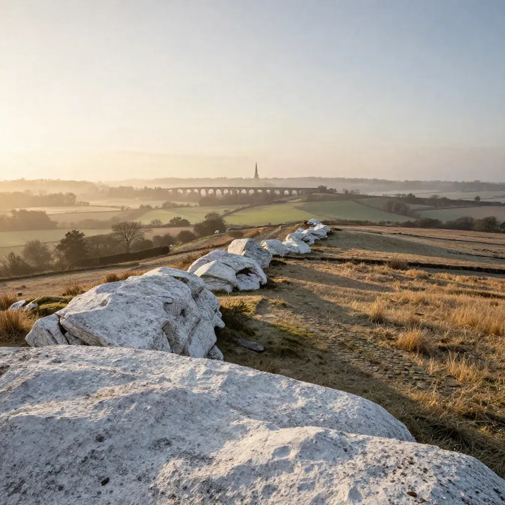 Chalk downs with a distant viaduct and spire above misty South East England fields at sunrise.