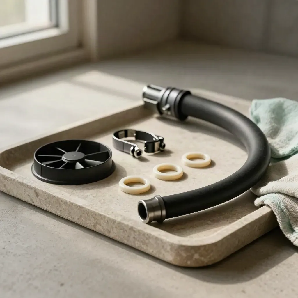 Radiator hose, clamps, O-rings and fan shroud corners arranged on a limestone tray