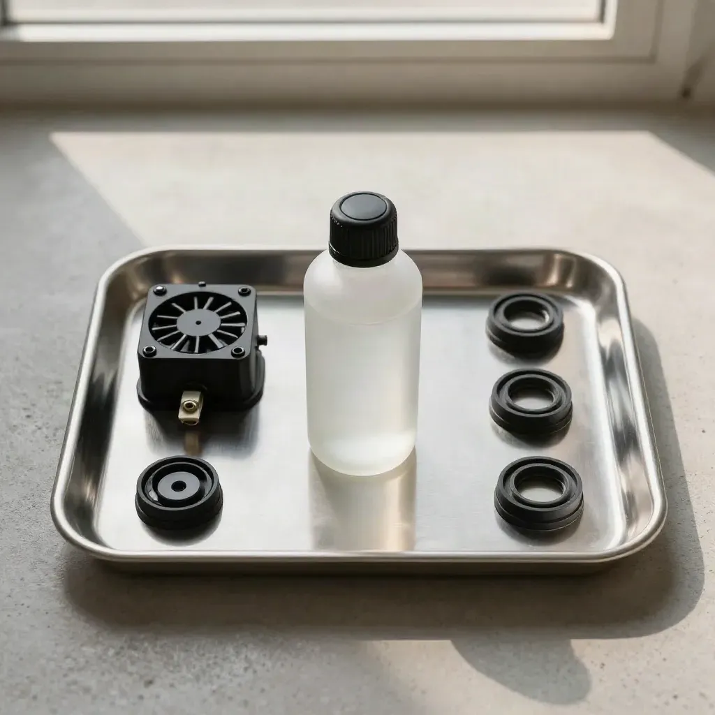 Coolant test bottle, sensor plugs, fan relay and seals on a stainless tray in soft overhead light.