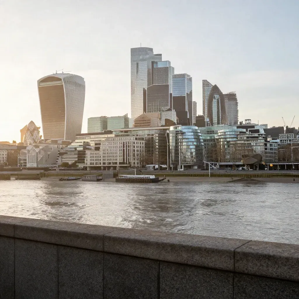 London skyline over the Thames in warm haze, with calm river and embankment below.
