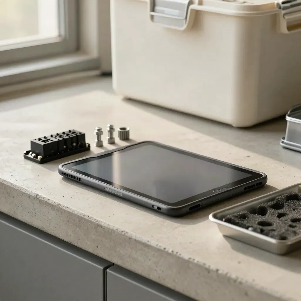 Closed diagnostic tablet, relay module, fasteners and coolant cap on a pale concrete bench.