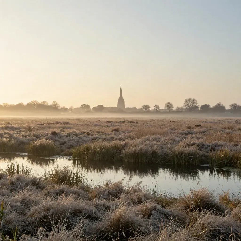 Fenland marsh with a distant Cambridge spire, still water, reeds and mist at sunset